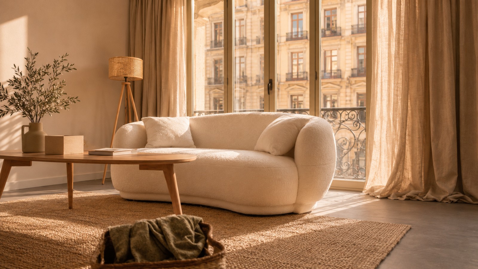 Sala de espera con sofá claro y balcones al Eixample